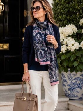 Talbots Navy Floral Print Scarf with Pink Trim